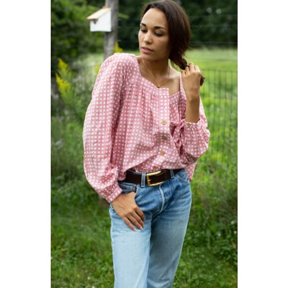 Emerson Fry Laurent Women's Blouse Pink Gingham Organic Cotton Peasant Top Small - Picture 1 of 8
